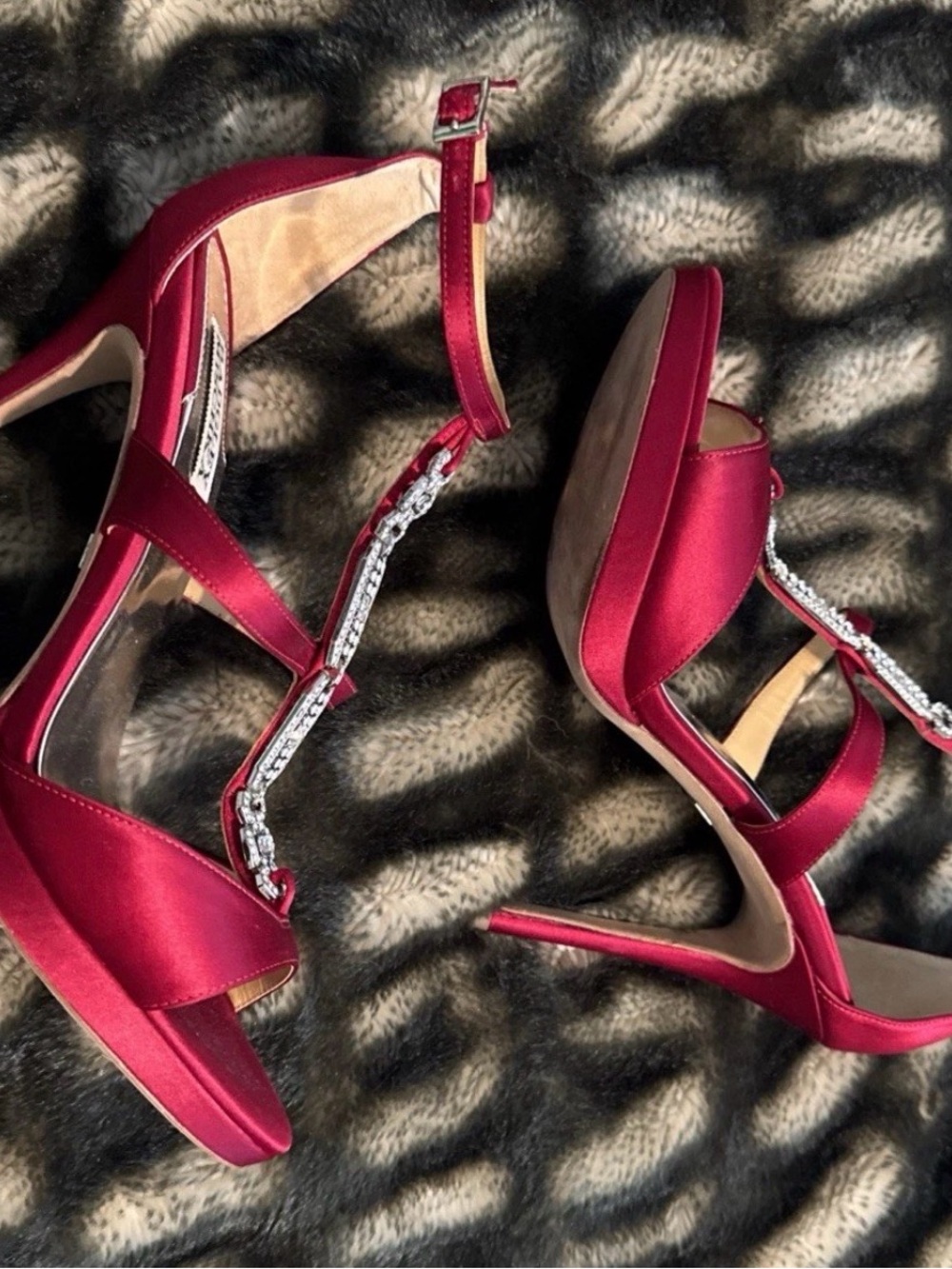 Badgley Mischka Red Satin T-Strap Rhinestone High Heels